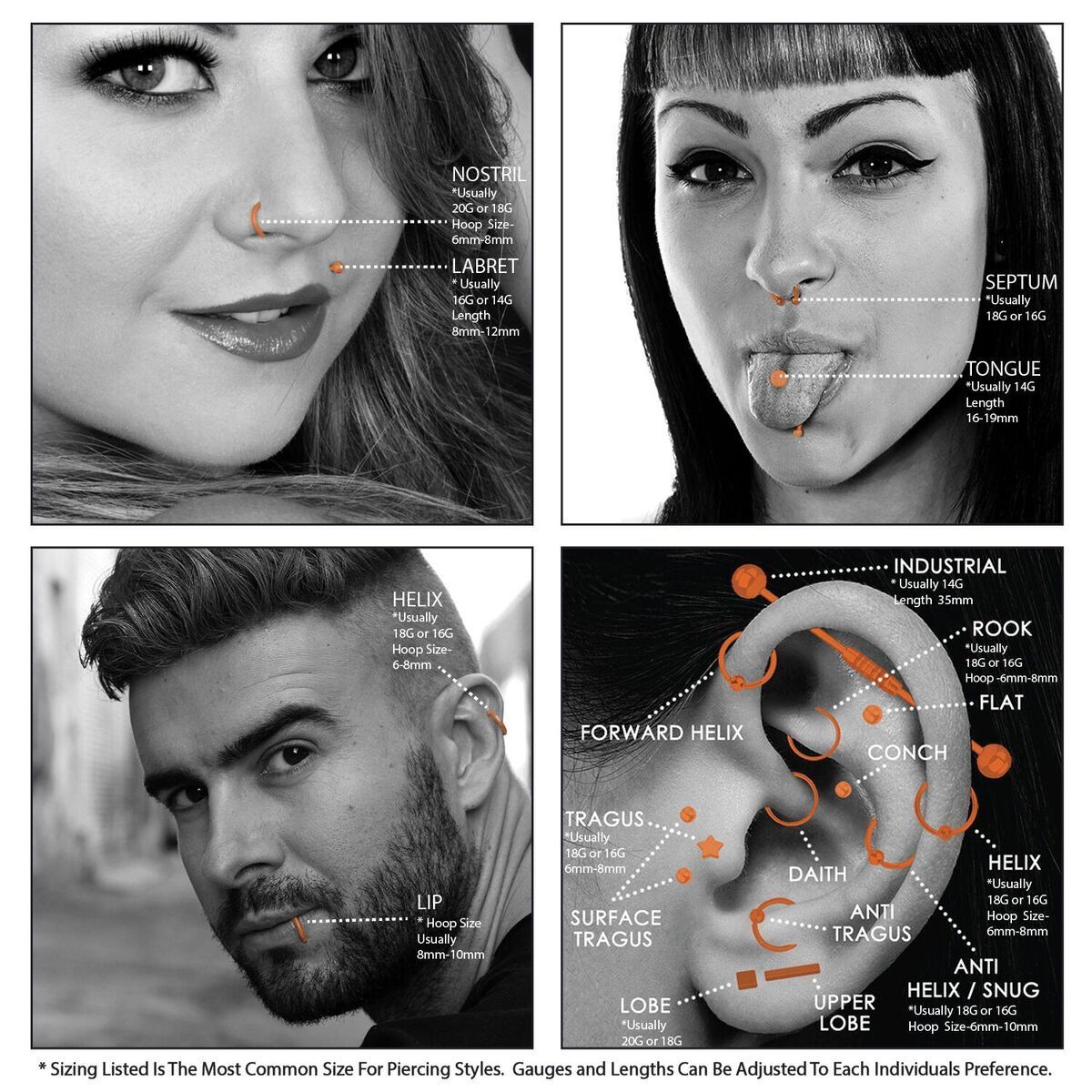 Body Piercing Charts Ears, Jewelry Sizes, Gauge Info BodyJ4you