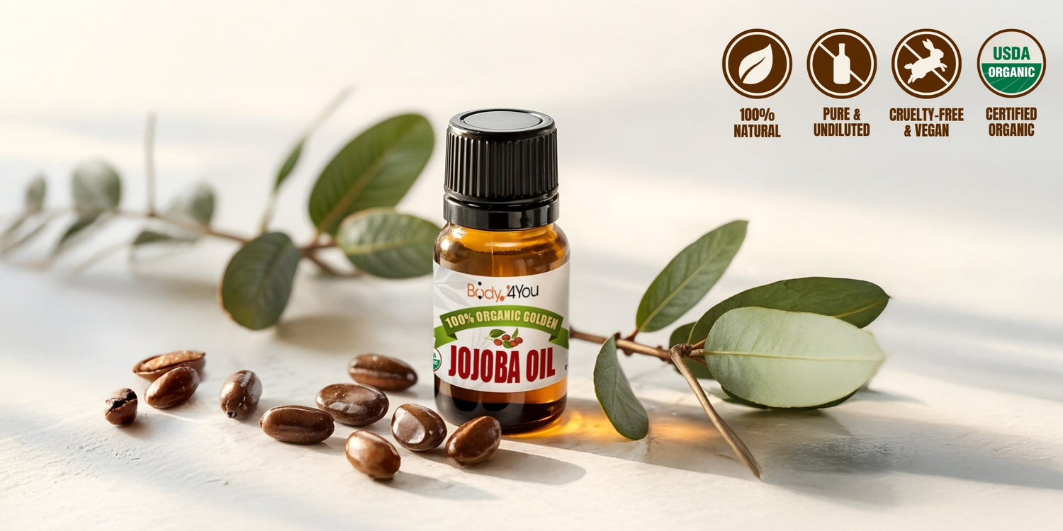 Bottle of Jojoba oil with seeds and eucalyptus leaves on a light background
