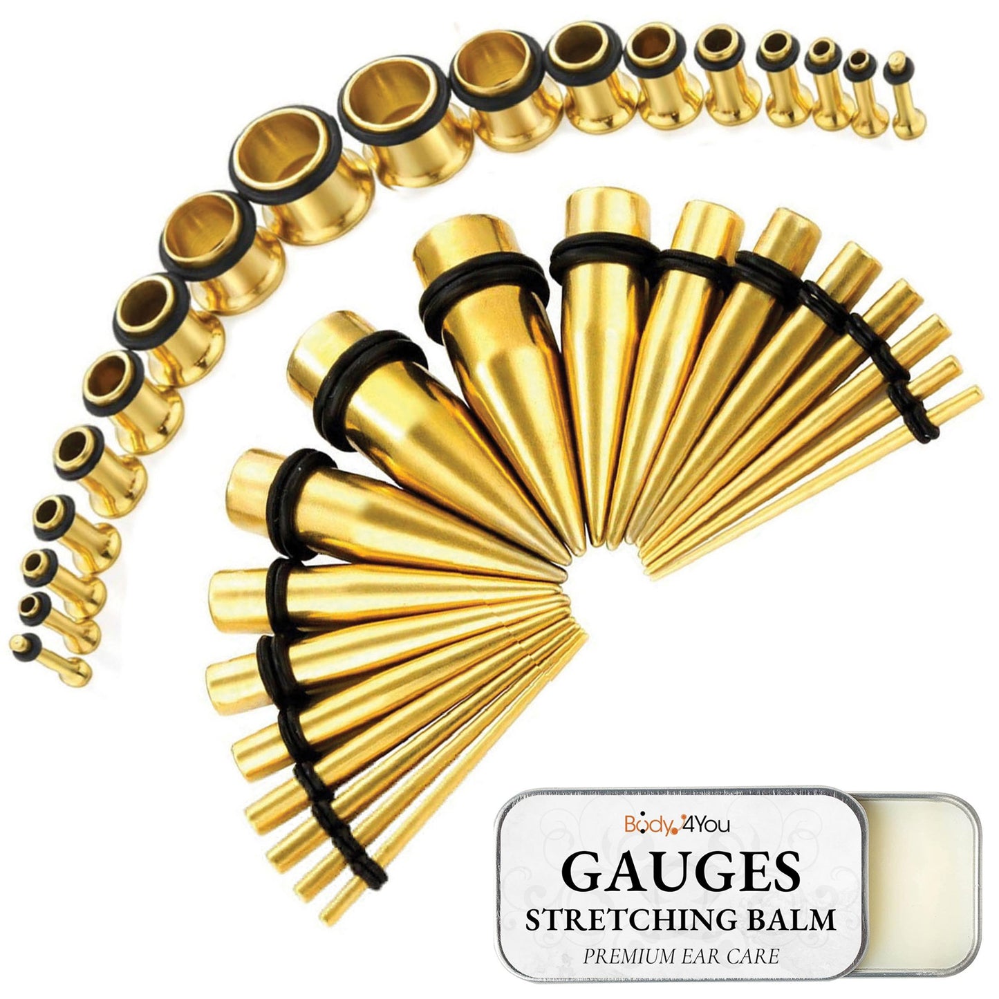 37PC Gauges Kit Ear Stretching Aftercare Balm - Single Flare Single Flare Tunnel Plugs Expander Tapers - 14G-00G Surgical Steel - Natural Recovery Solution Set