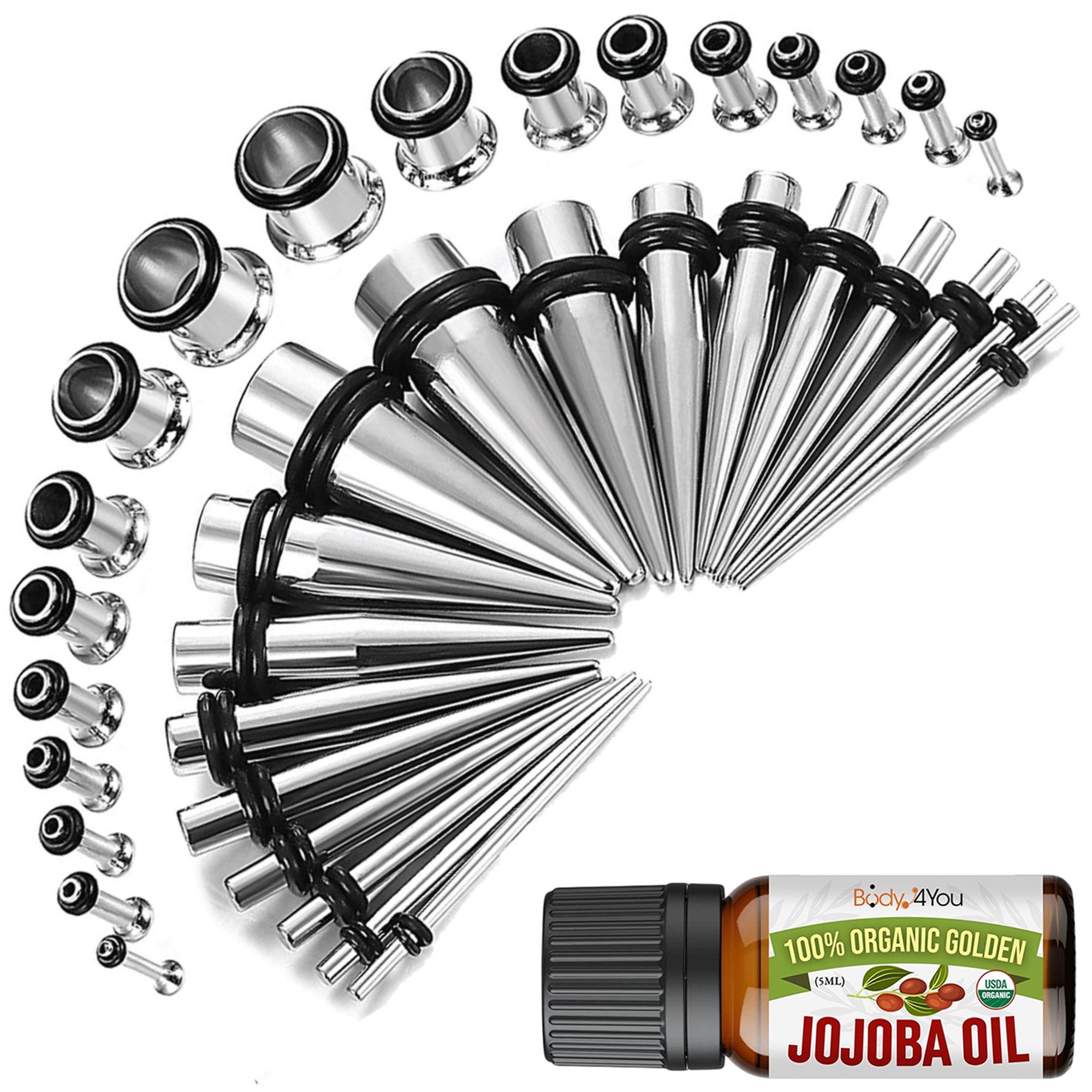 37PC Ear Stretching Kit (14G-00G) + Jojoba Oil