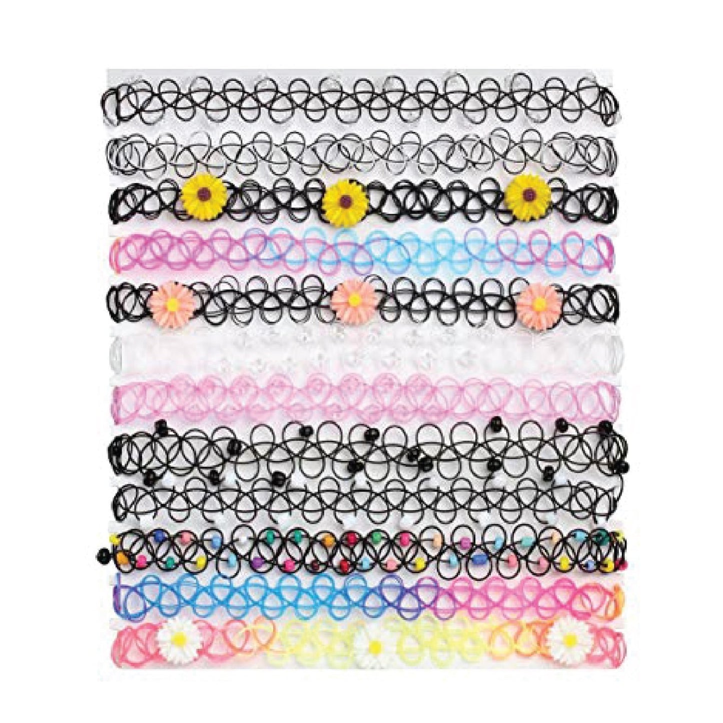 12PC Choker Necklace Set Colorful Flowers Stretch Elastic - BodyJ4you