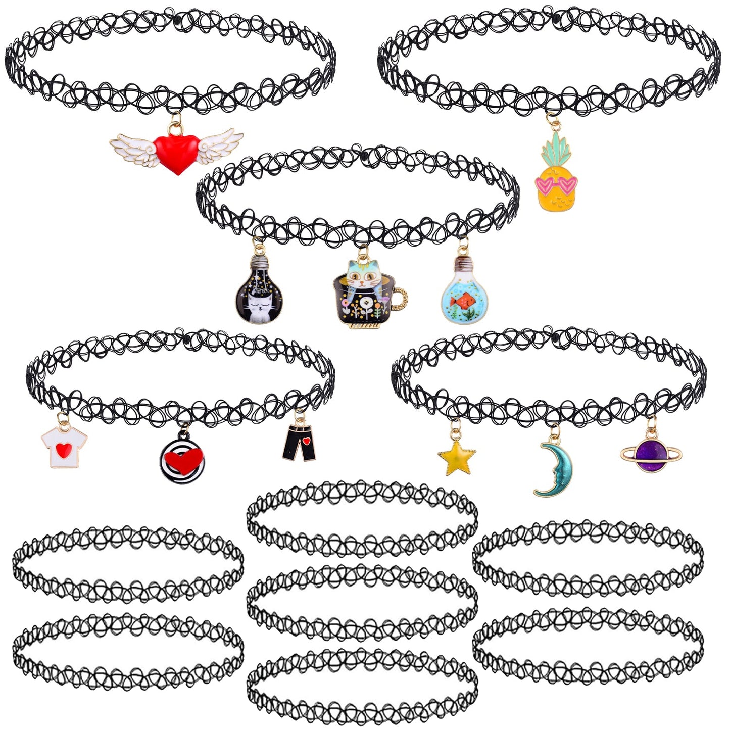 12PC Tattoo Choker Necklace Set - 90s Accessories Women Teen Girls Kids - Flower Charms Rainbow Multicolor Stretchy Jewelry - Summer Style Gift Idea - BodyJ4you