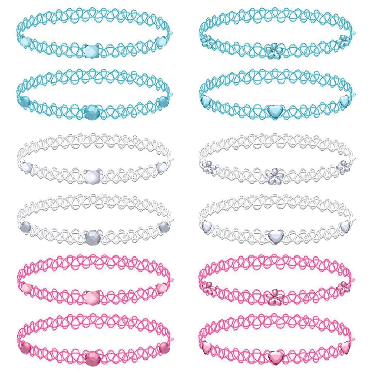 12PC Tattoo Choker Necklace Set - 90s Accessories Women Teen Girls Kids - Flower Charms Rainbow Multicolor Stretchy Jewelry - Summer Style Gift Idea - BodyJ4you