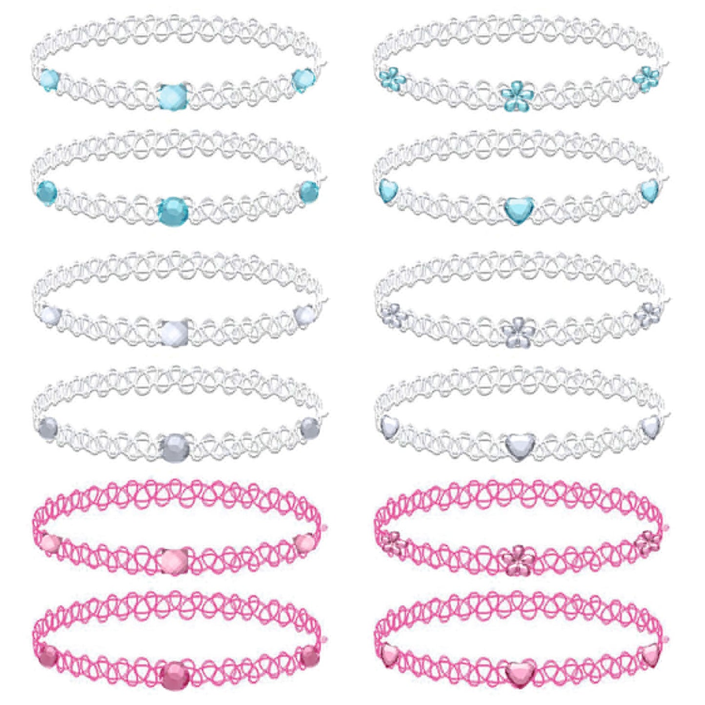 12PC Tattoo Choker Necklace Set - 90s Accessories Women Teen Girls Kids - Flower Charms Rainbow Multicolor Stretchy Jewelry - Summer Style Gift Idea - BodyJ4you