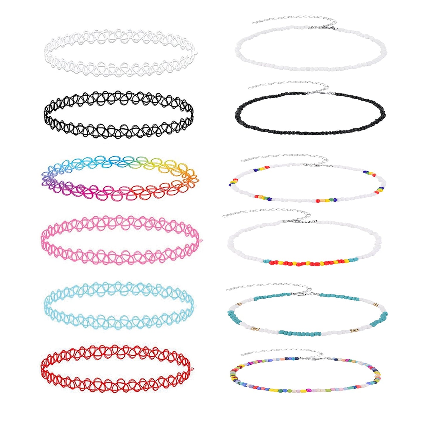 12PC Tattoo Choker Necklace Set - 90s Accessories Women Teen Girls Kids - Flower Charms Rainbow Multicolor Stretchy Jewelry - Summer Style Gift Idea - BodyJ4you