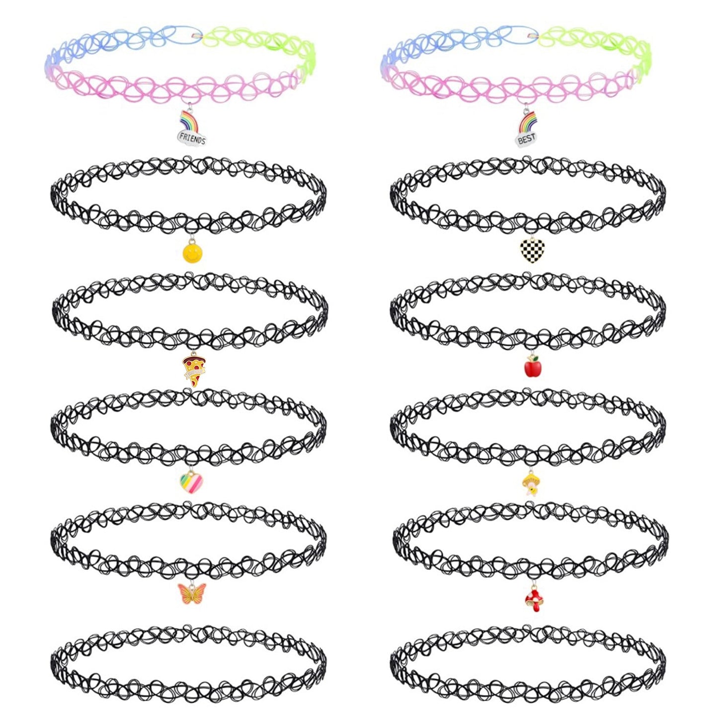 12PC Tattoo Choker Necklace Set - 90s Accessories Women Teen Girls Kids - Flower Charms Rainbow Multicolor Stretchy Jewelry - Summer Style Gift Idea - BodyJ4you