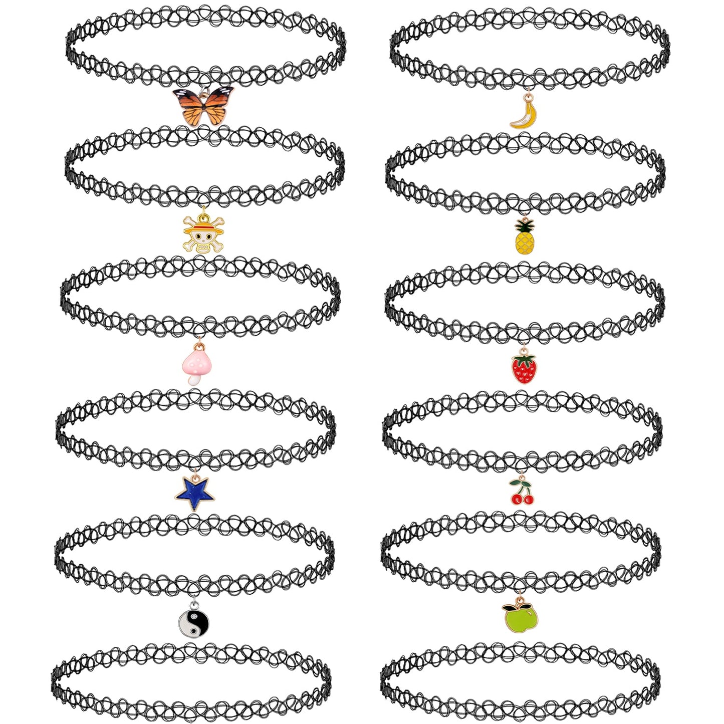 12PC Tattoo Choker Necklace Set - 90s Accessories Women Teen Girls Kids - Flower Charms Rainbow Multicolor Stretchy Jewelry - Summer Style Gift Idea - BodyJ4you