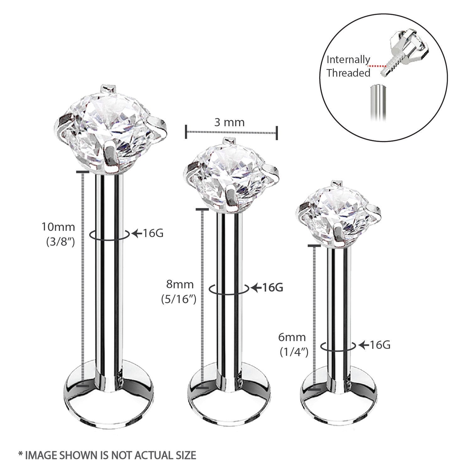 3PC Labret Stud Tragus Earring Set 16G CZ Crystal Surgical Steel Helix Monroe Jewelry - BodyJ4you