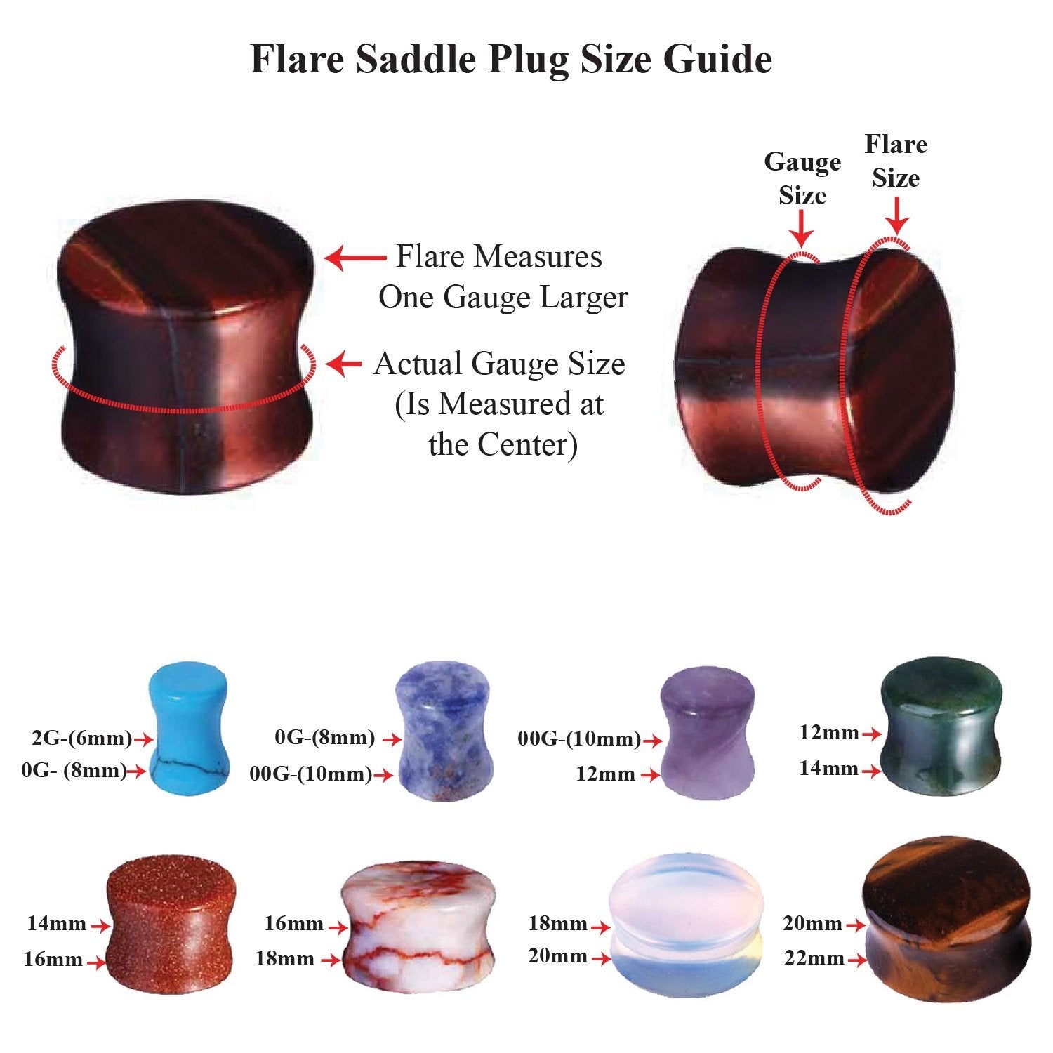 BodyJ4You 18PC Stone Ear Plugs 00G (10mm) Double Flare Saddle Stretching Gauges Expander - BodyJ4you