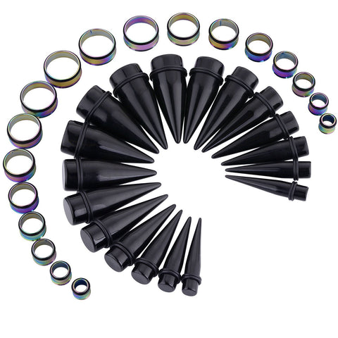 BodyJ4You 36PC Big Gauges Kit Ear Stretching 00G-25mm Rainbow Tunnel Plugs Black Acrylic Tapers Expander - BodyJ4you