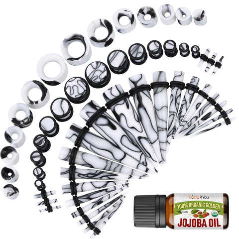 BodyJ4You 48PC Ear Stretching Kit 14G-00G - Aftercare Jojoba Oil - Marble White Black Acrylic Plugs Gauge Tapers Silicone Tunnels - Lightweight Expanders Men Women - BodyJ4you