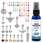 65 Belly Button Rings Dangle Barbells Aftercare Saline Spray 14G Acrylic Bioflex Steel CZ Navel
