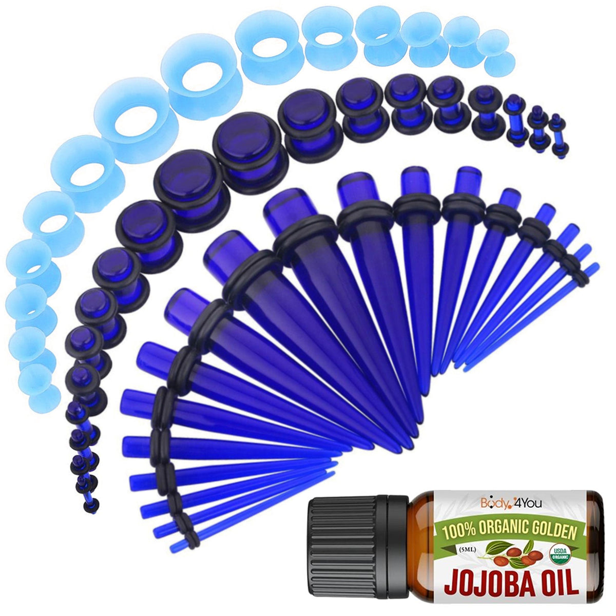 54PC Ear Stretching Kit (14G-12 mm) + Jojoba Oil Royal Blue