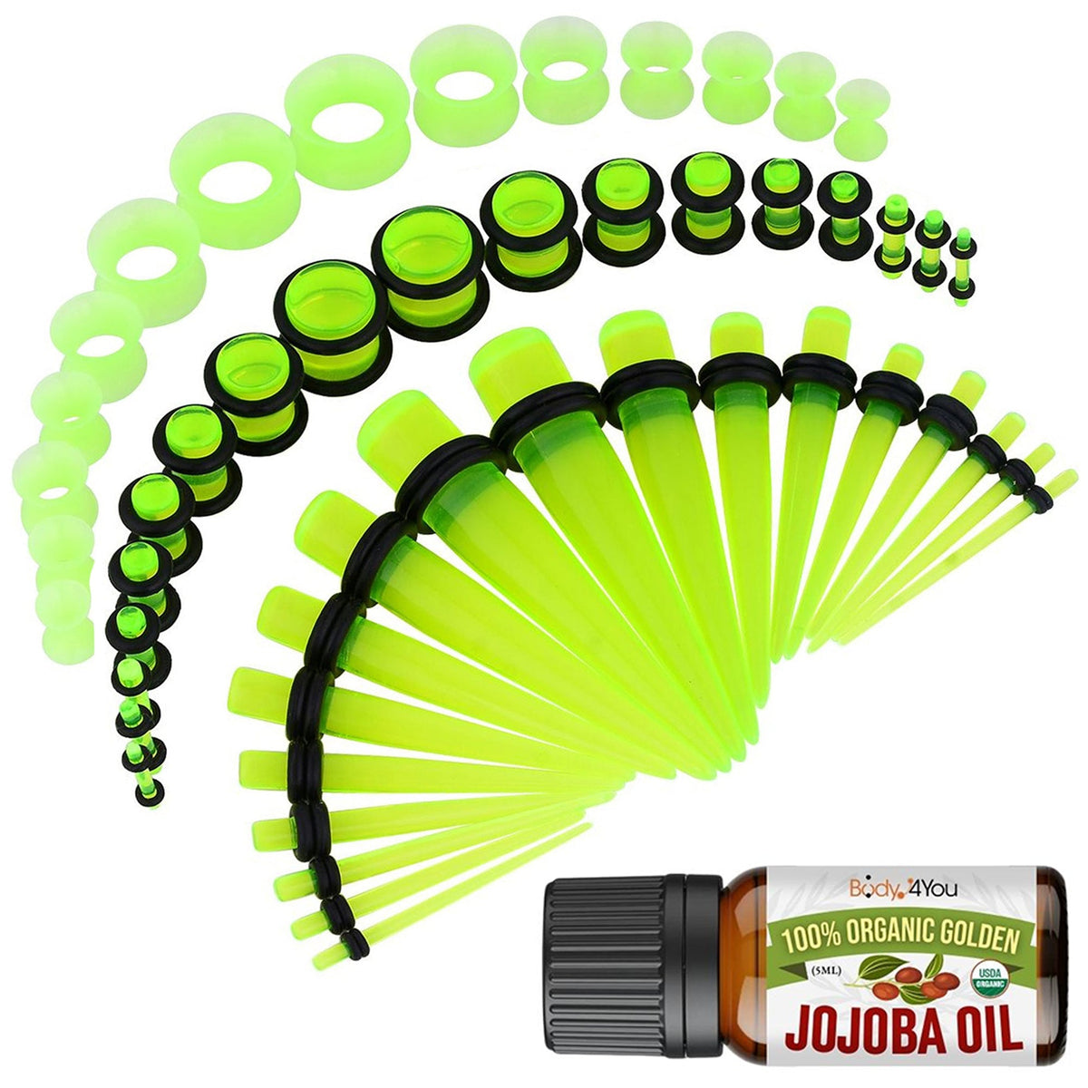 54PC Ear Stretching Kit (14G-12 mm) + Jojoba Oil Transparent Green
