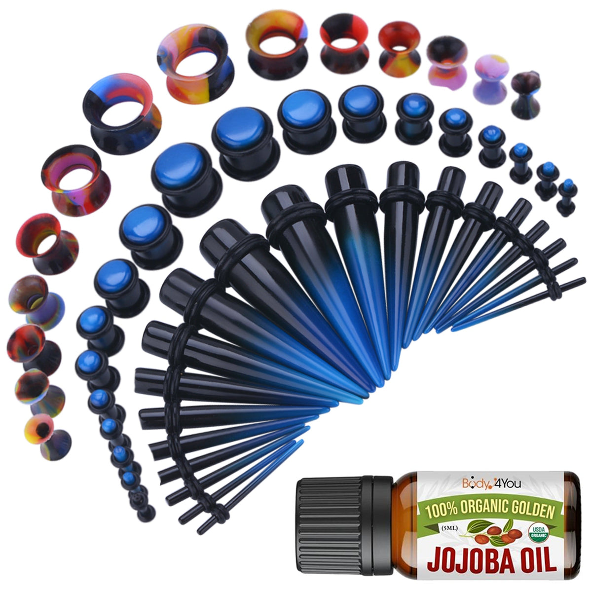 54PC Ear Stretching Kit (14G-12 mm) + Jojoba Oil Black, Blue