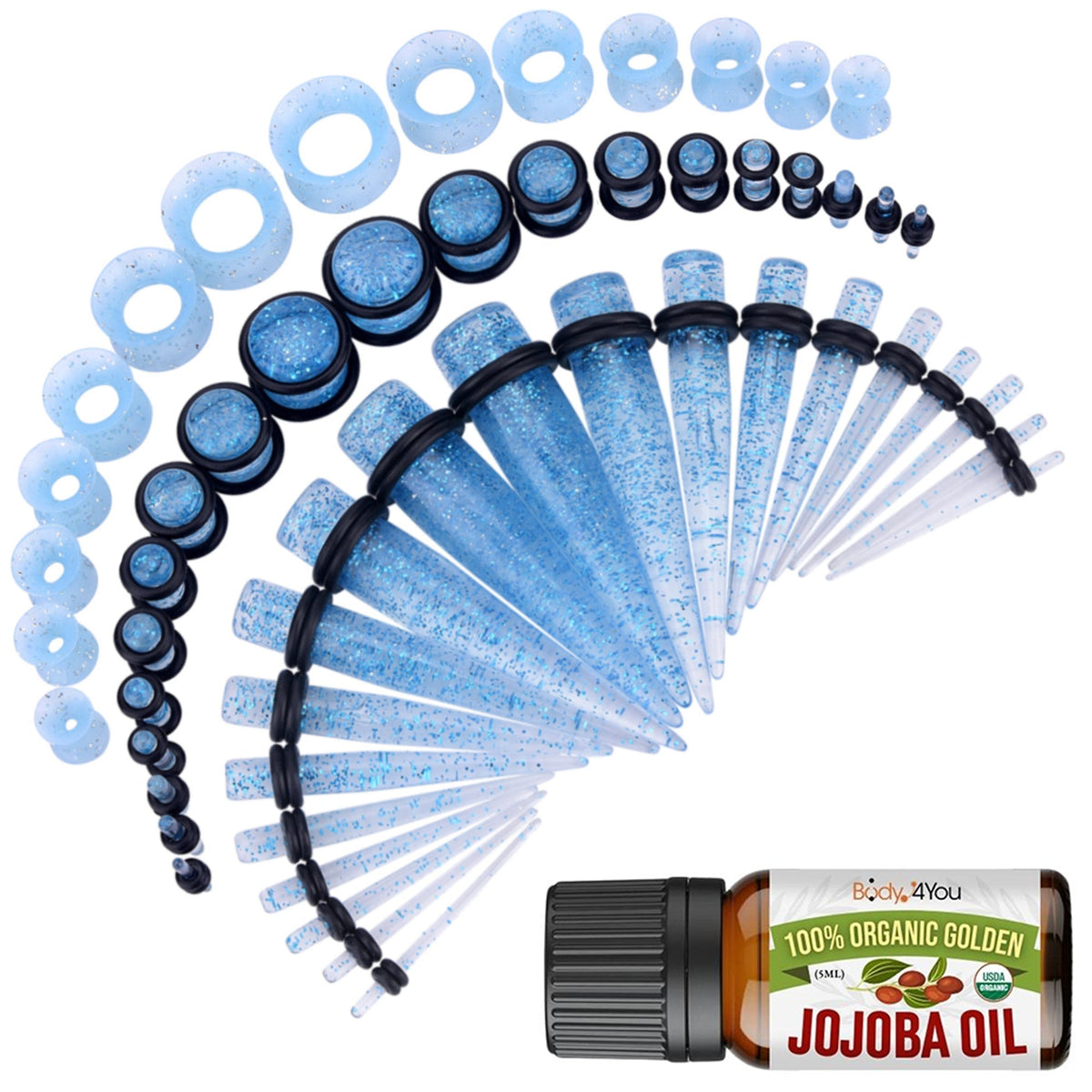 54PC Ear Stretching Kit (14G-12 mm) + Jojoba Oil Blue Aqua Glitter