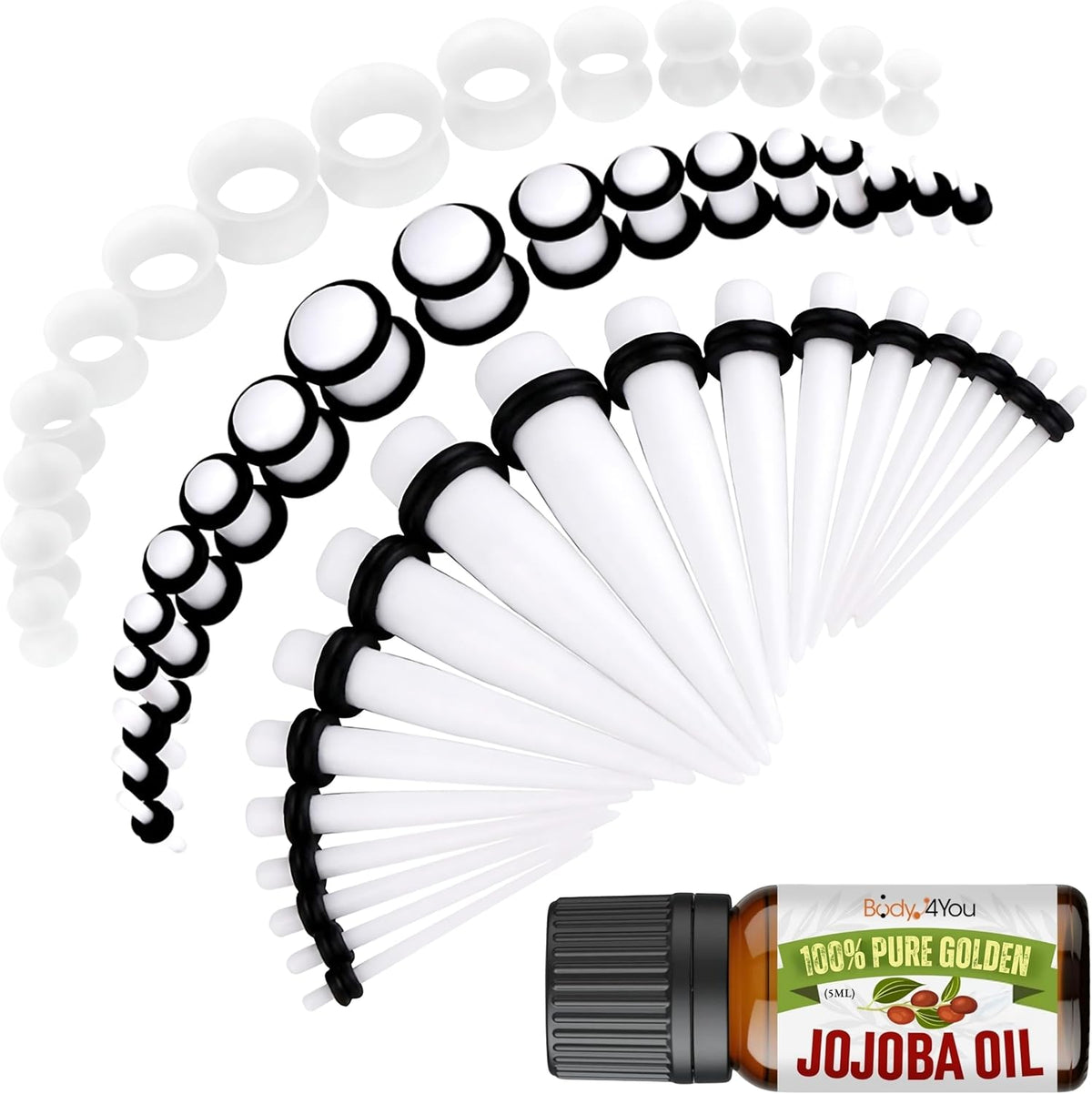 BodyJ4You 54PC Ear Stretching Kit (14G-12 mm) + Jojoba Oil - White (GK0486)