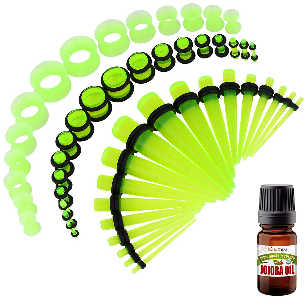 BodyJ4You 54PC Ear Stretching Kit (14G-12 mm) + Jojoba Oil - Transparent Green (GK0530)