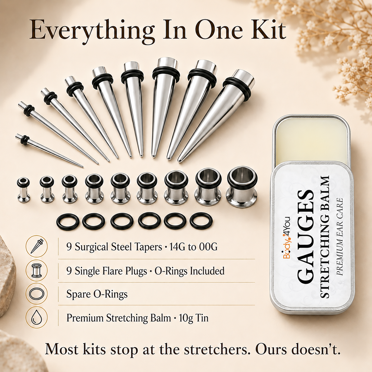 BodyJ4You 37PC Ear Stretching Kit with Aftercare Balm PT02