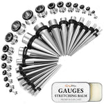 37PC Gauges Kit Ear Stretching Aftercare Balm - Single Flare Single Flare Tunnel Plugs Expander Tapers - 14G-00G Surgical Steel - Natural Recovery Solution Set