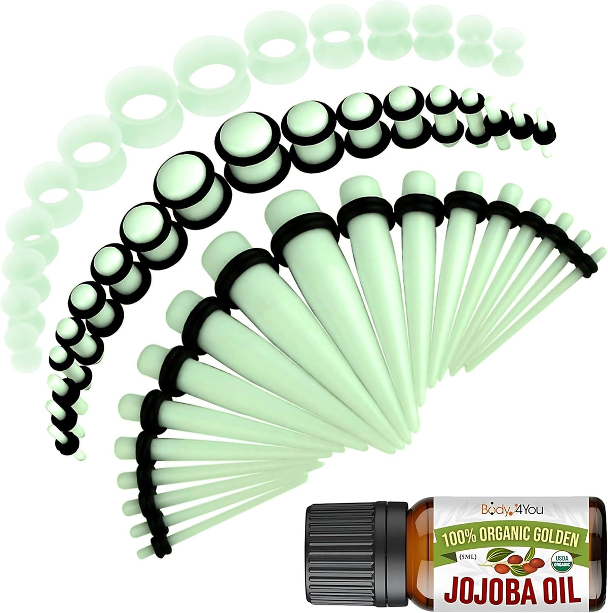 BodyJ4You 54PC Ear Stretching Kit (14G-12 mm) + Jojoba Oil - Glow in the Dark (GK0565)
