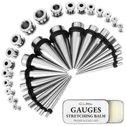 37PC Gauges Kit Ear Stretching Aftercare Balm - Screw Fit Tunnel Plugs Expander Tapers - 14G-00G Surgical Steel - Natural Recovery Solution Set