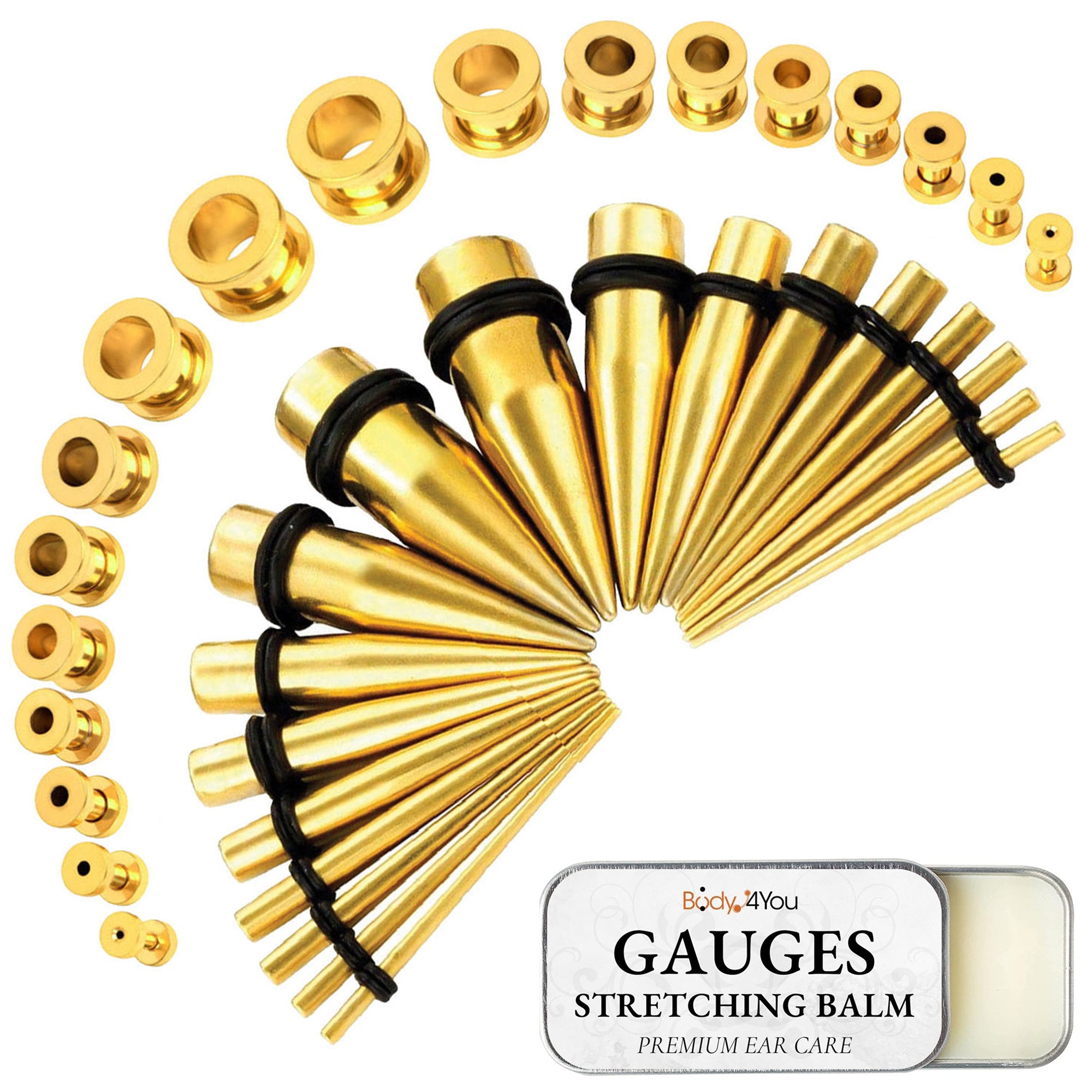 37PC Gauges Kit Ear Stretching Aftercare Balm - Screw Fit Tunnel Plugs Expander Tapers - 14G-00G Surgical Steel - Natural Recovery Solution Set