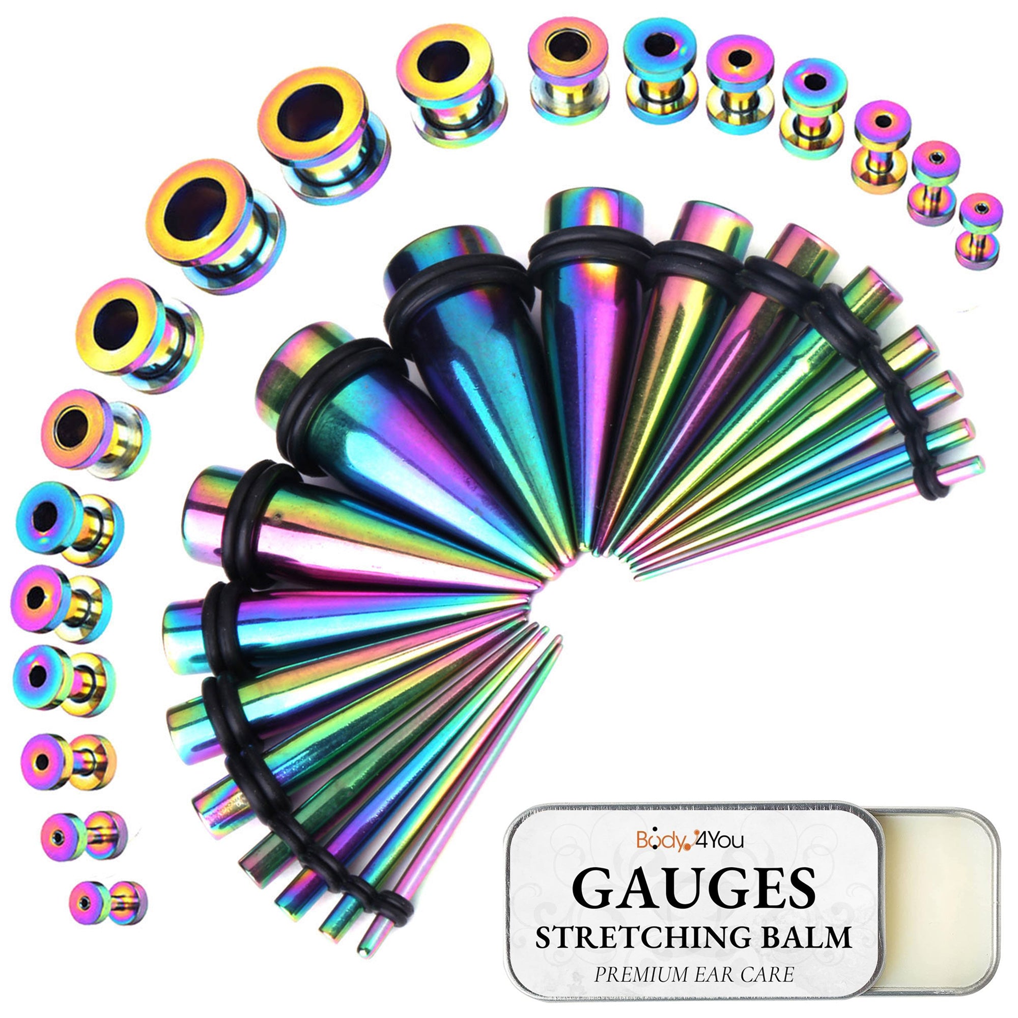 37PC Gauges Kit Ear Stretching Aftercare Balm - Screw Fit Tunnel Plugs Expander Tapers - 14G-00G Surgical Steel - Natural Recovery Solution Set