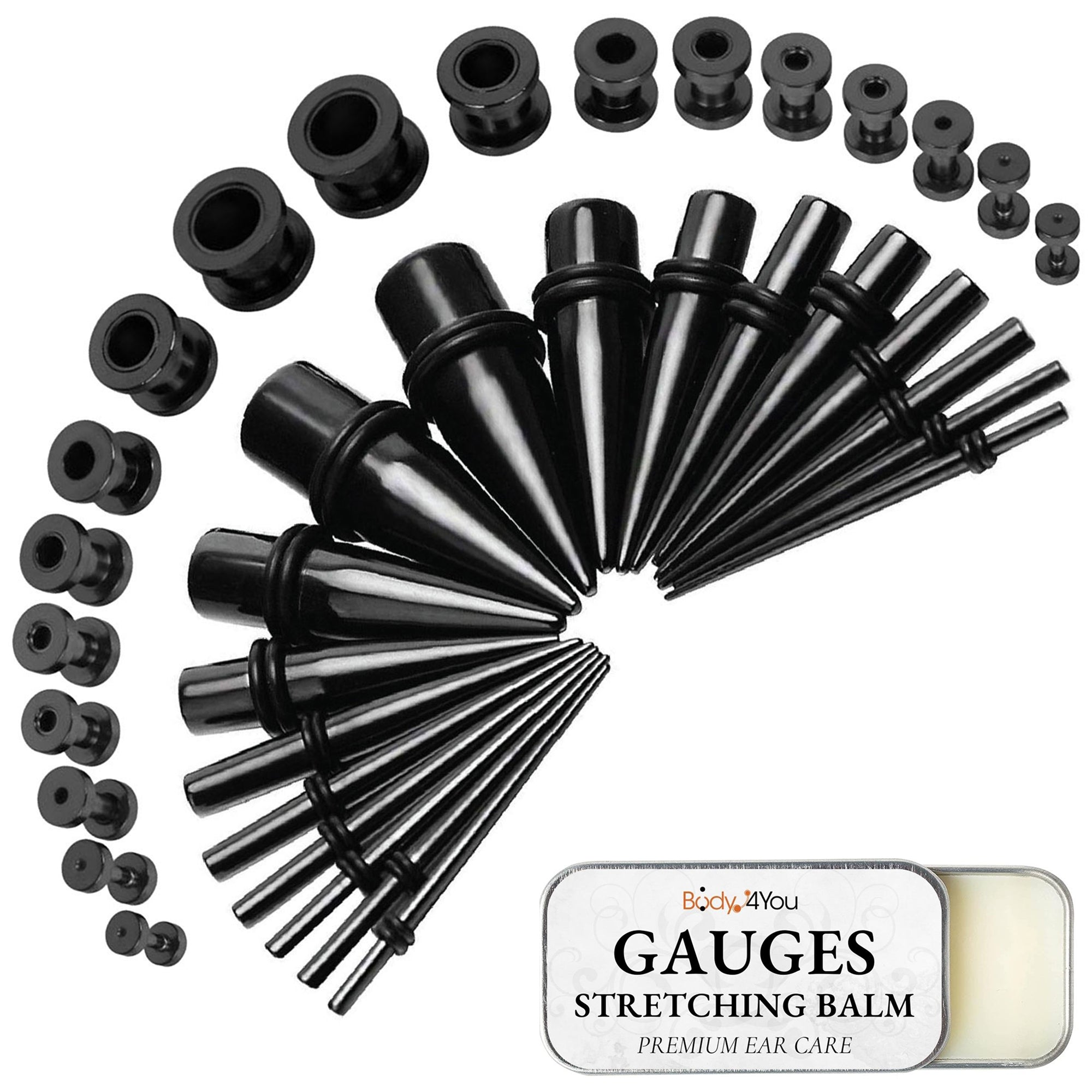 37PC Gauges Kit Ear Stretching Aftercare Balm - Screw Fit Tunnel Plugs Expander Tapers - 14G-00G Surgical Steel - Natural Recovery Solution Set