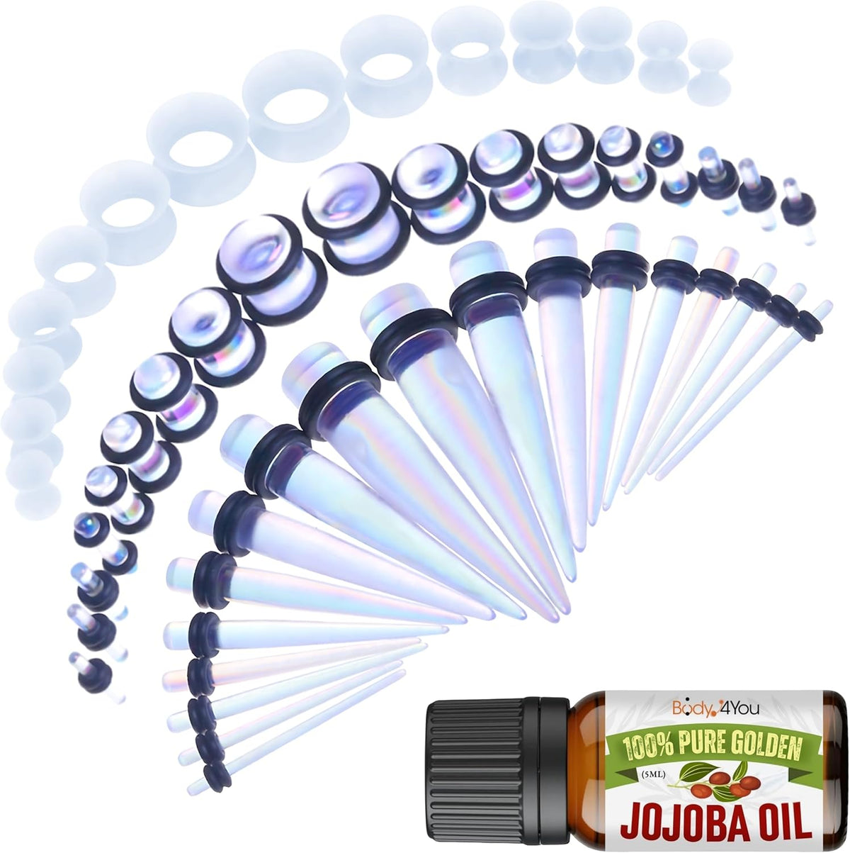 BodyJ4You 54PC Ear Stretching Kit (14G-12 mm) + Jojoba Oil - Transparent Aurora (GK0712)