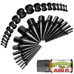 37PC Gauges Kit Ear Stretching Aftercare Jojoba Oil Wax - Single Flare Tunnel Plugs Tapers - 14G-00G Surgical Steel - Natural Recovery Solution Set