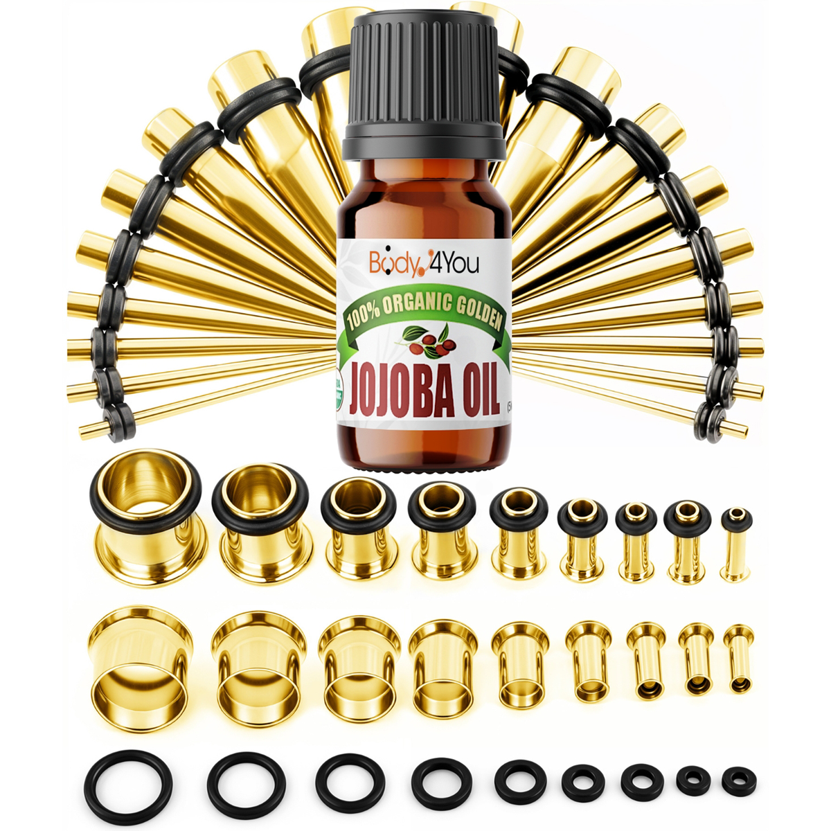 BodyJ4You 37PC Ear Stretching Kit (14G-00G) + Jojoba Oil - Goldtone (GK0717)