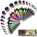 37PC Gauges Kit Ear Stretching Aftercare Jojoba Oil Wax - Single Flare Tunnel Plugs Tapers - 14G-00G Surgical Steel - Natural Recovery Solution Set