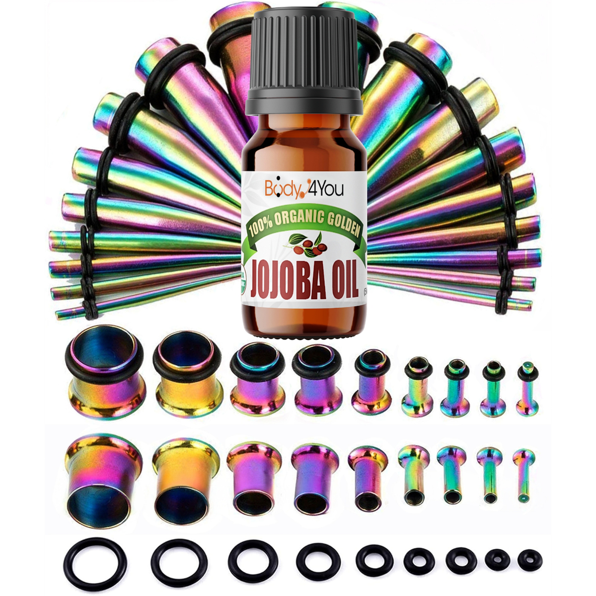 BodyJ4You 37PC Ear Stretching Kit (14G-00G) + Jojoba Oil - Rainbow (GK0718)