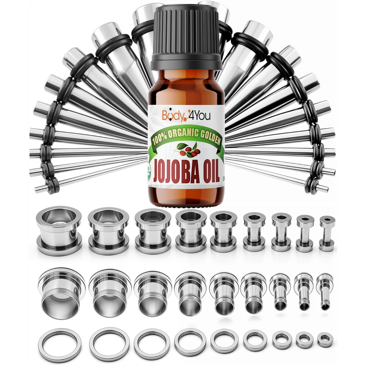 BodyJ4You 37PC Ear Stretching Kit with Organic Jojoba Oil main image