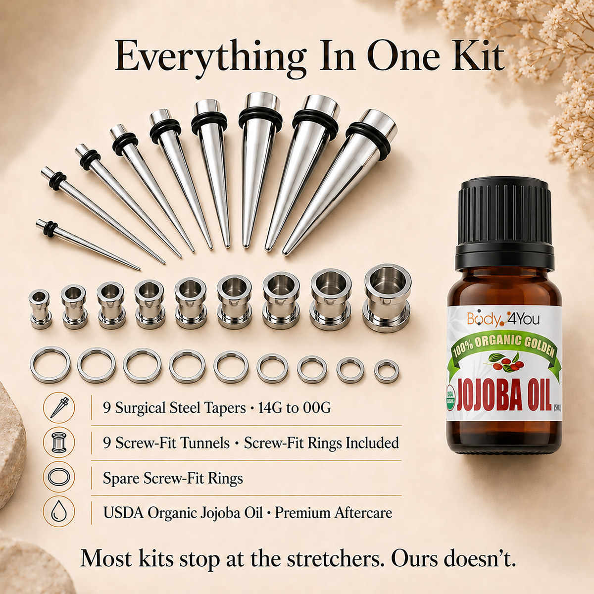 BodyJ4You 37PC Ear Stretching Kit with Organic Jojoba Oil PT02