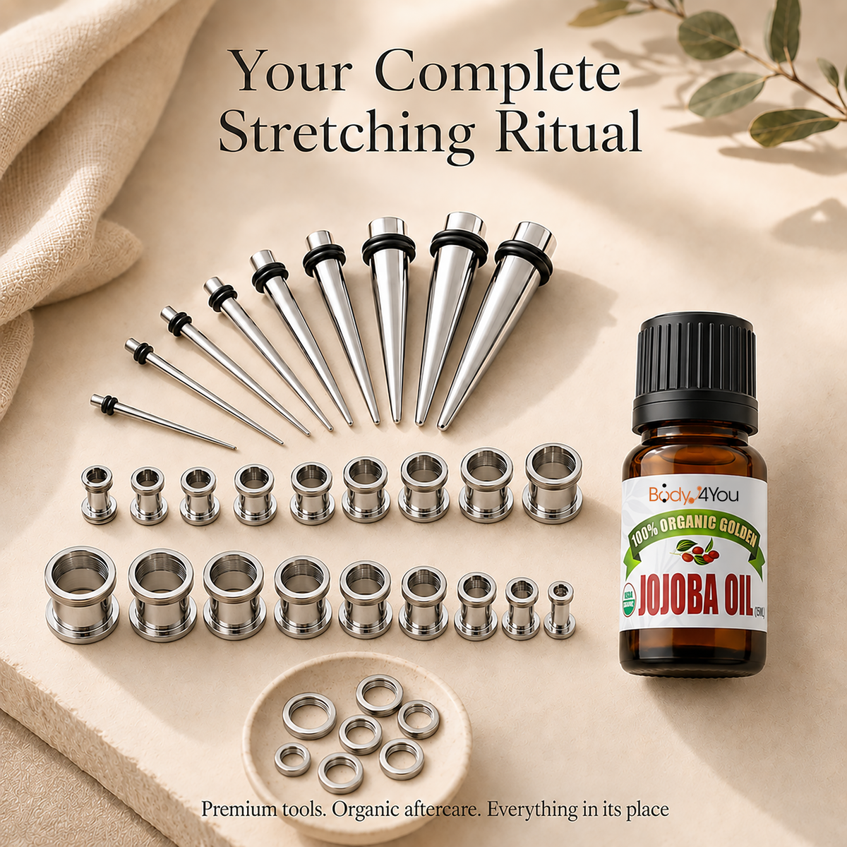 BodyJ4You 37PC Ear Stretching Kit with Organic Jojoba Oil PT07