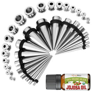 37PC Gauges Kit Ear Stretching Aftercare Jojoba Oil Wax - Screw Fit Tunnel Plugs Tapers - 14G-00G Surgical Steel - Natural Recovery Solution Set