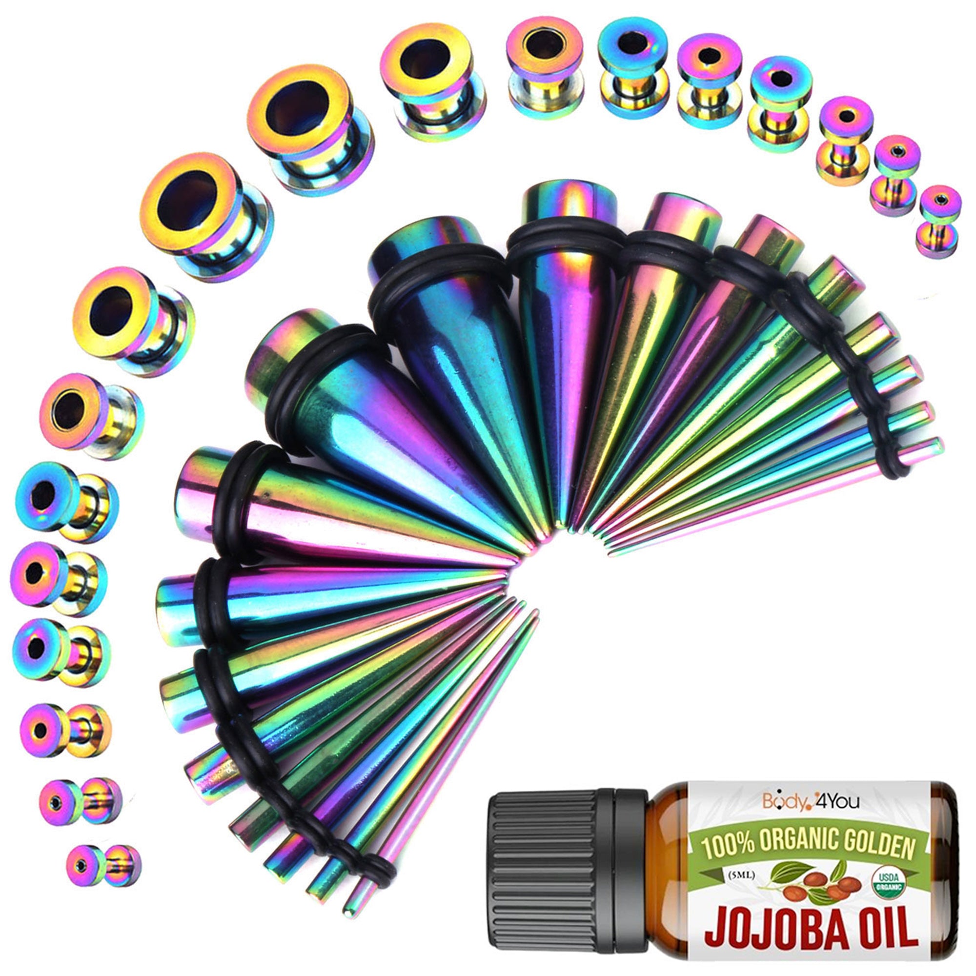 37PC Gauges Kit Ear Stretching Aftercare Jojoba Oil Wax - Screw Fit Tunnel Plugs Tapers - 14G-00G Surgical Steel - Natural Recovery Solution Set