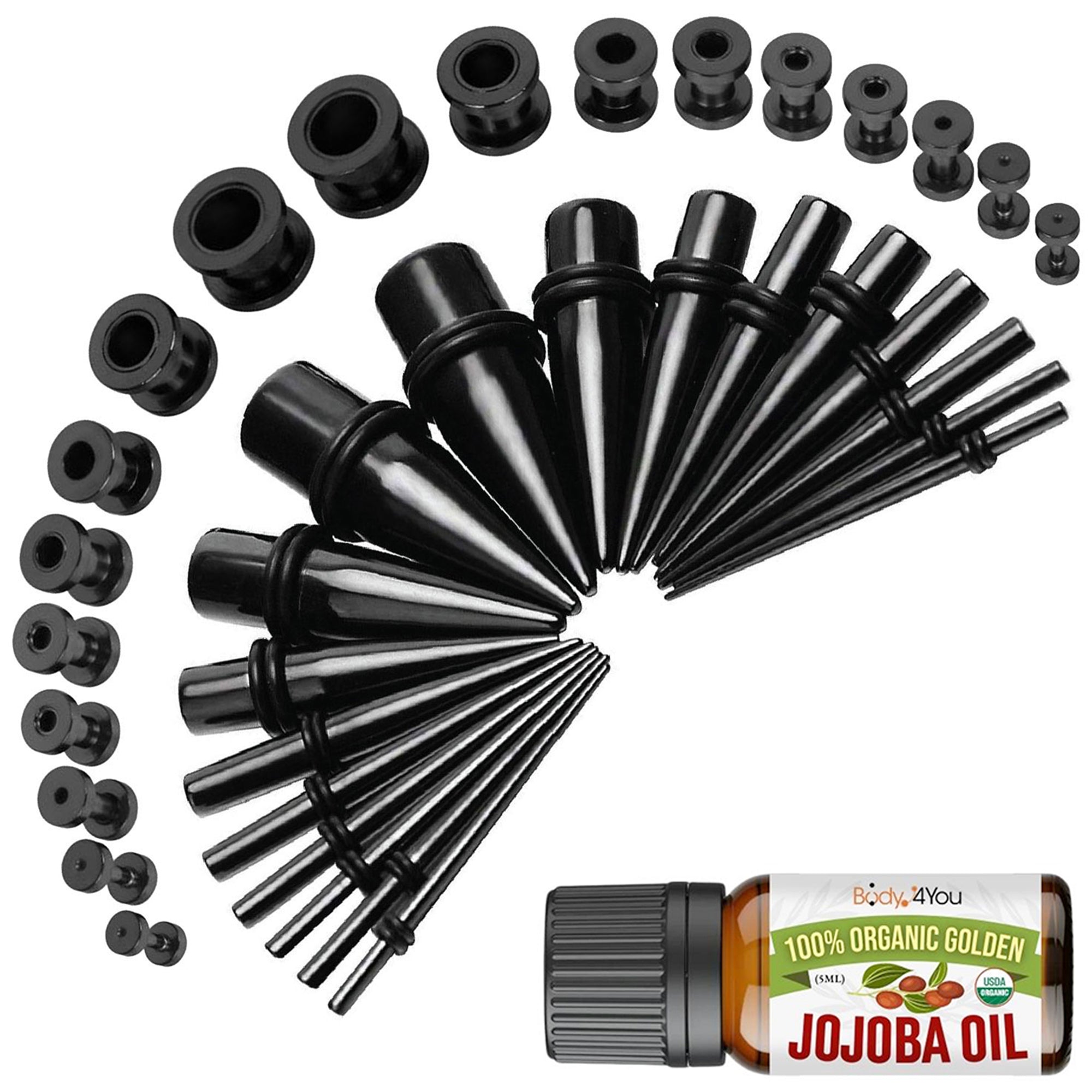 37PC Gauges Kit Ear Stretching Aftercare Jojoba Oil Wax - Screw Fit Tunnel Plugs Tapers - 14G-00G Surgical Steel - Natural Recovery Solution Set