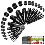 37PC Gauges Kit Ear Stretching Aftercare Jojoba Oil Wax - Screw Fit Tunnel Plugs Tapers - 14G-00G Surgical Steel - Natural Recovery Solution Set