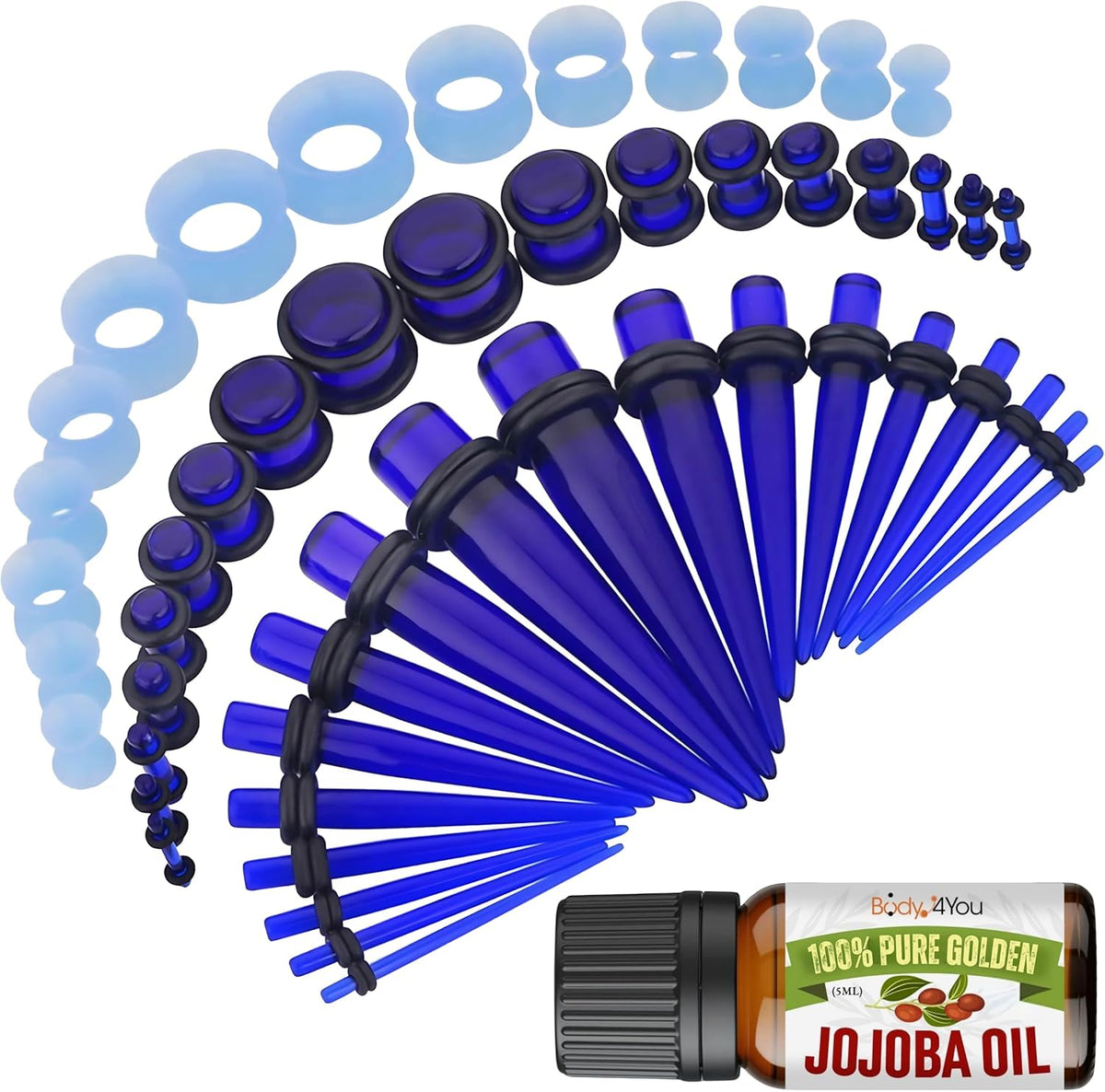 BodyJ4You 54PC Ear Stretching Kit (14G-12 mm) + Jojoba Oil - Transparent Blue (GK0859)
