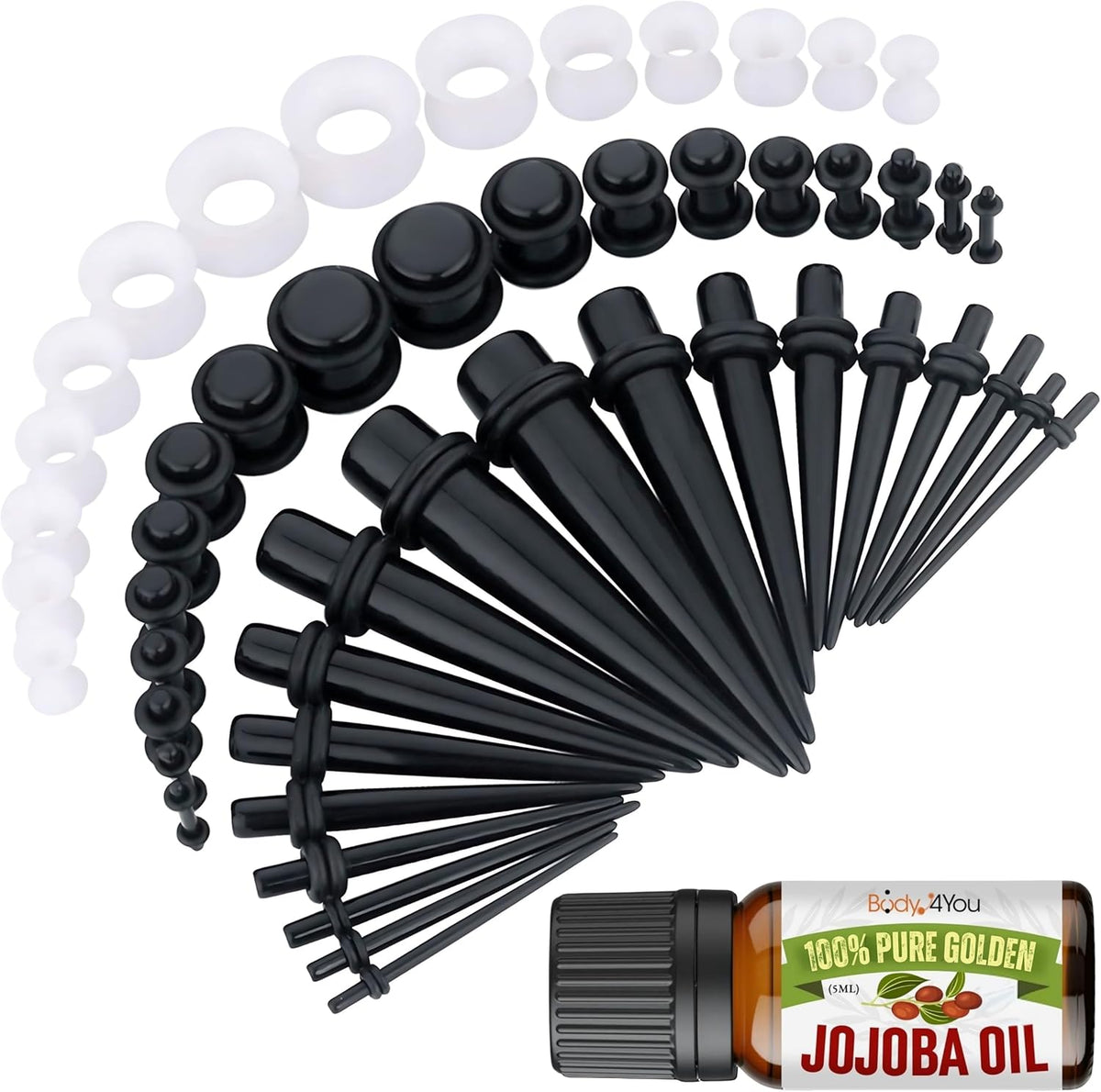 BodyJ4You 54PC Ear Stretching Kit (14G-12 mm) + Jojoba Oil - Black, White (GK0872)