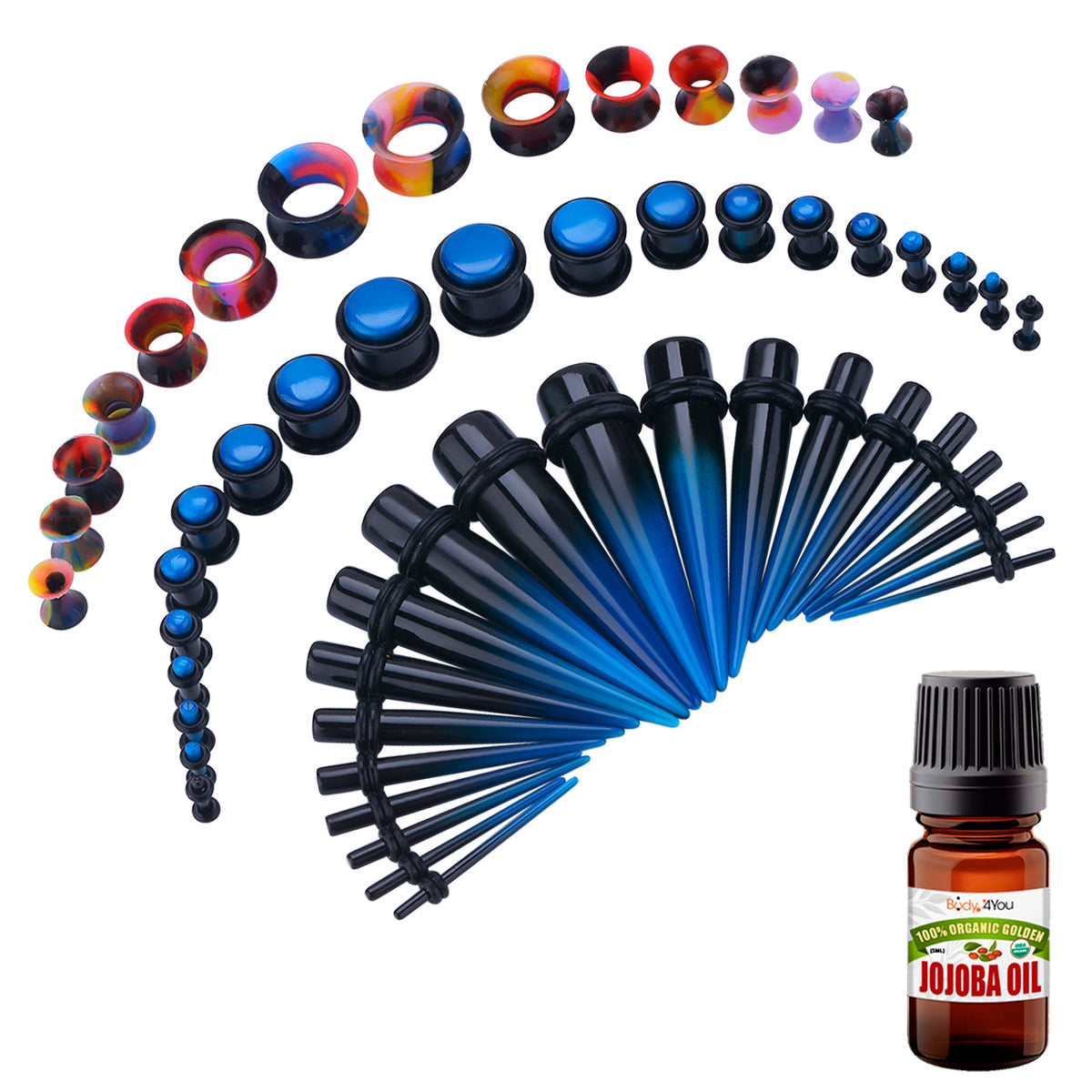 BodyJ4You 54PC Ear Stretching Kit (14G-12 mm) + Jojoba Oil - Black, Blue (GK0874)