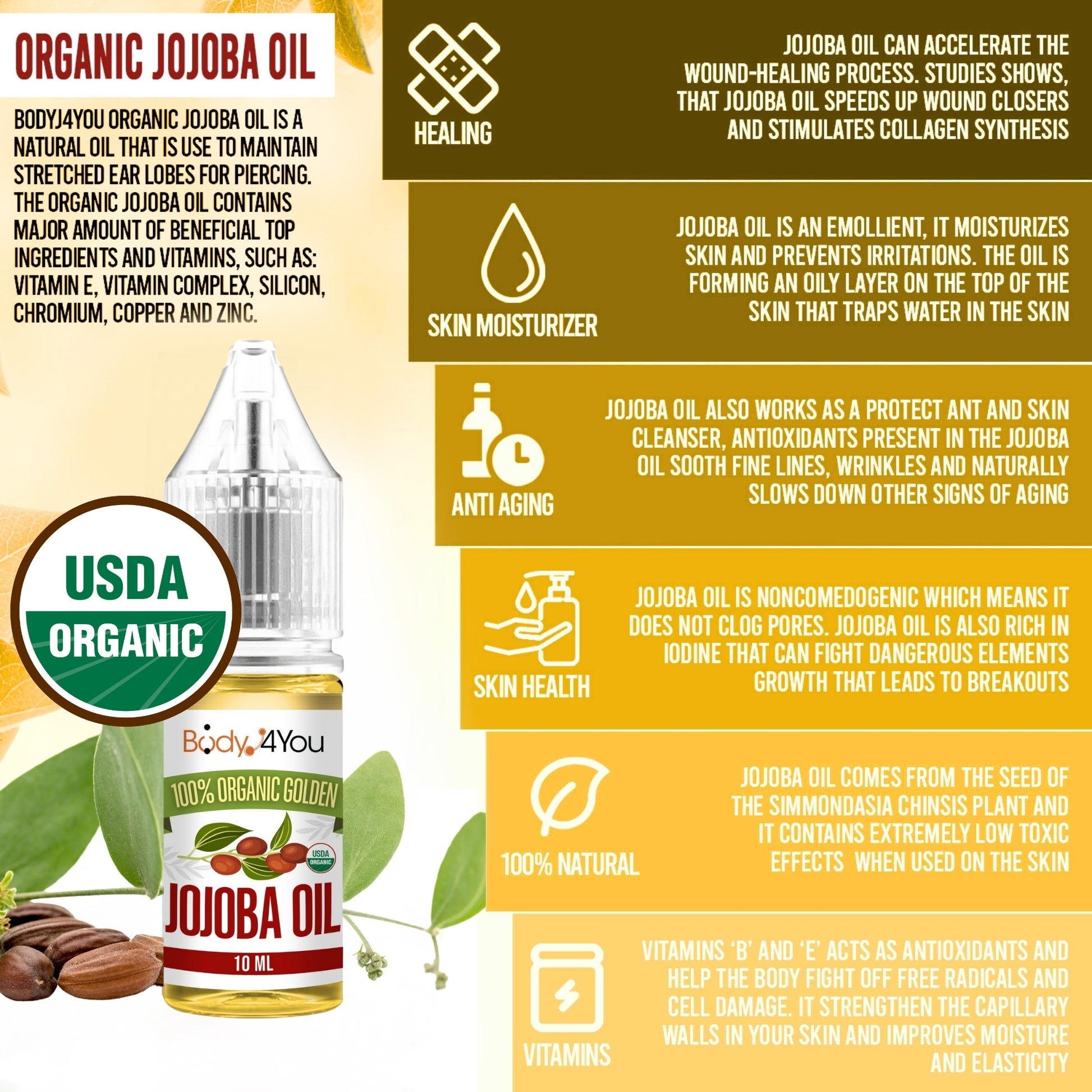 Organic Jojoba Oil Piercing Aftercare - Pure 100% USDA Certified BodyJ4you Organic Jojoba Oil Piercing Aftercare - Pure 100% USDA Certified BodyJ4you