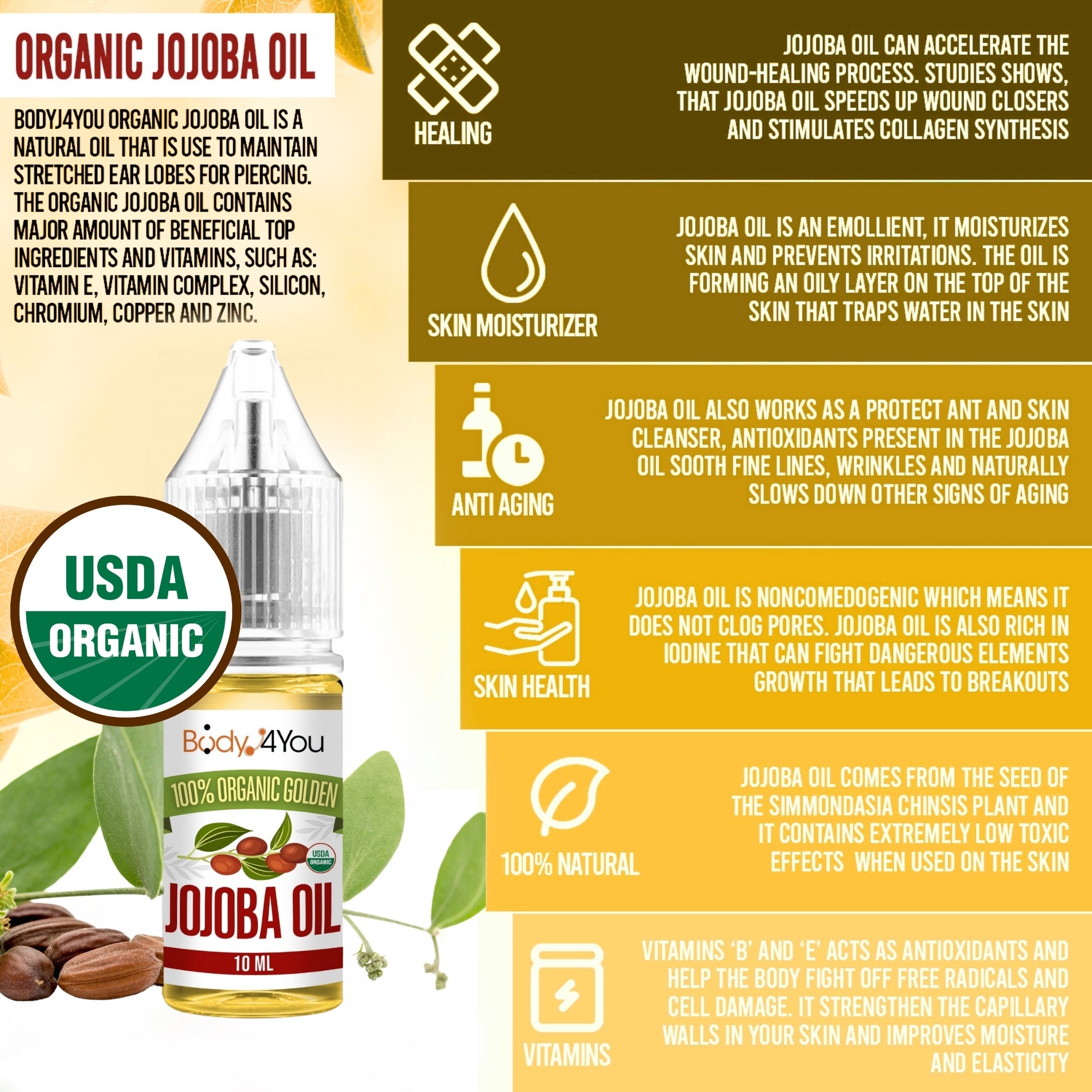 Organic Jojoba Oil Piercing Aftercare - Pure 100% USDA Certified
