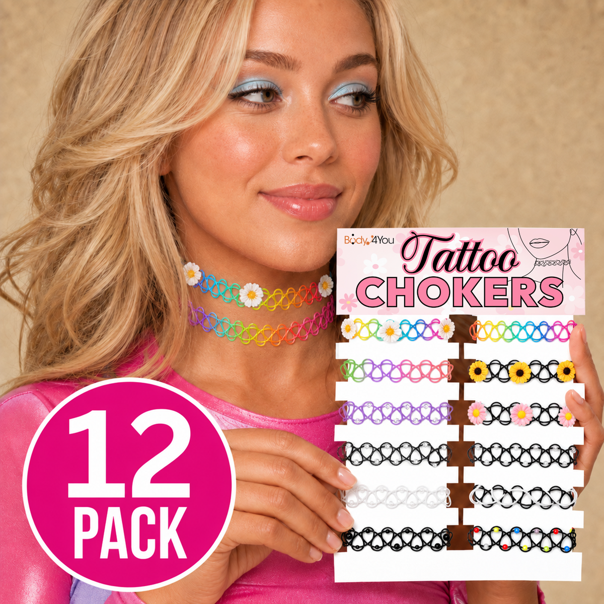 BodyJ4You 12PC Colorful Tattoo Choker Necklace Set PT01