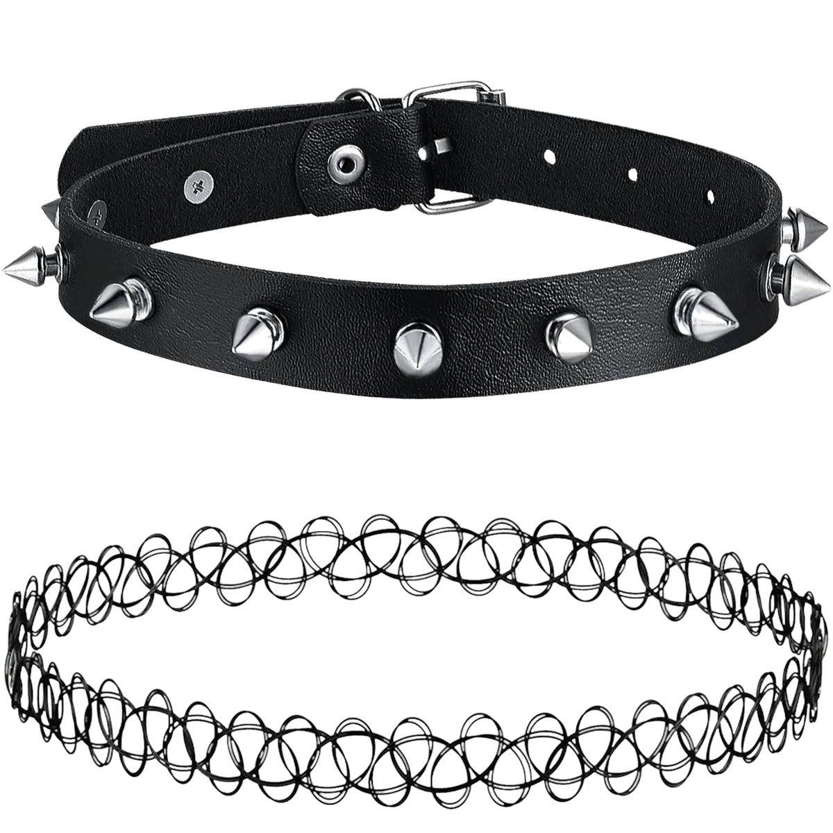 BodyJ4You 2PC Tattoo Choker Leather Necklace Set Short Spikes