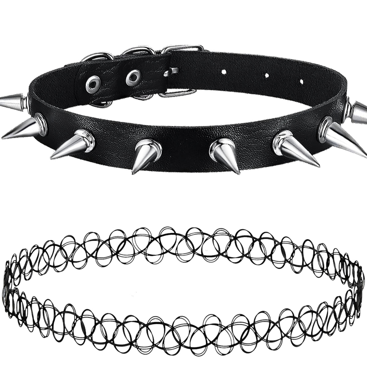 BodyJ4You 2PC Tattoo Choker Leather Necklace Set Long Spikes