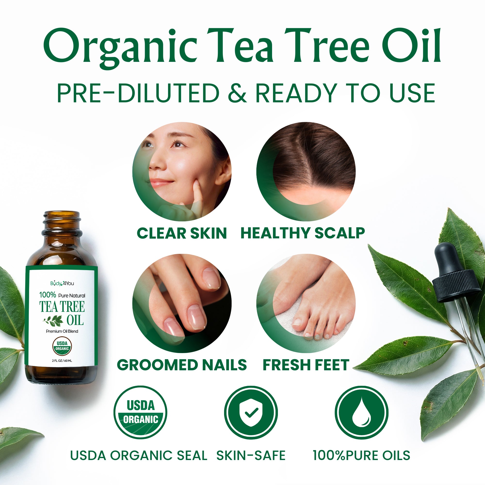 BodyJ4You Tea Tree Oil, USDA Organic Pre-Diluted MCT